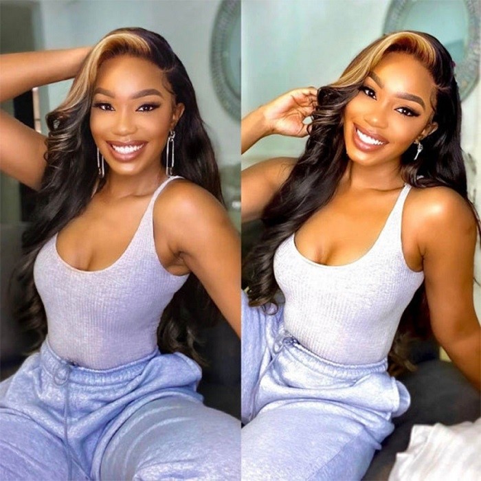 Kriyya Honey Blonde Skunk Stripe Highlight Loose Wave 13X4 Lace Front Wig 150% Density