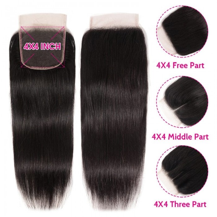 Kriyya Best Straight Malaysian Hair 3 Bundles And Free part Lace Closure 4X4 Inch