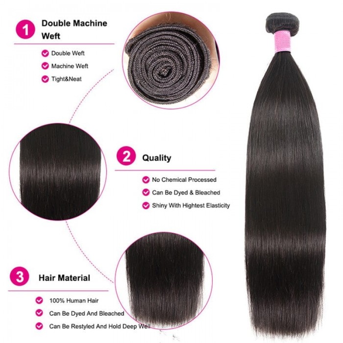 Kriyya Best Straight Malaysian Hair 3 Bundles And Free part Lace Closure 4X4 Inch