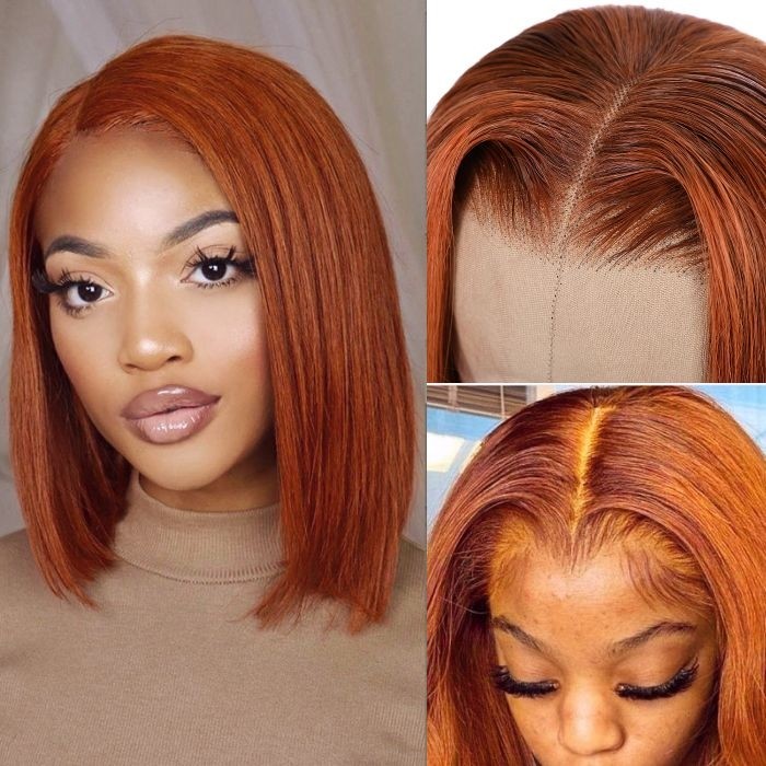 Kriyya Orange Ginger Colored Human Hair 13x4 Lace Front Wig Bob Straight  With Baby Hair 