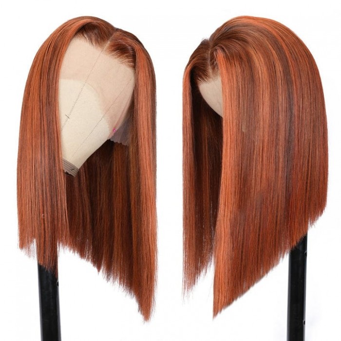Kriyya Blunt Cut Bob 13x4 Lace Frontal Wig Rich Copper Melt With Brown Colored Straight Human Hair