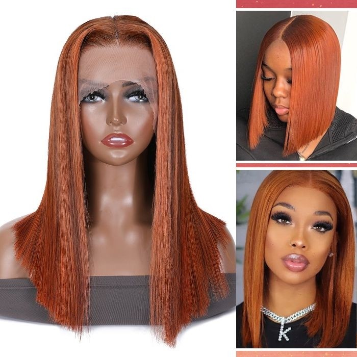 Kriyya Blunt Cut Bob 13x4 Lace Frontal Wig Rich Copper Melt With Brown Colored Straight Human Hair