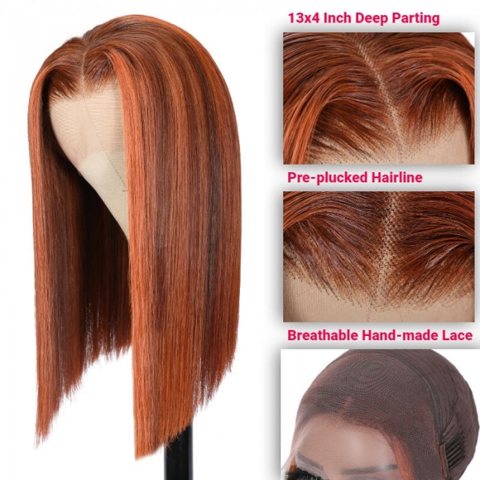 Kriyya Blunt Cut Bob 13x4 Lace Frontal Wig Rich Copper Melt With Brown Colored Straight Human Hair