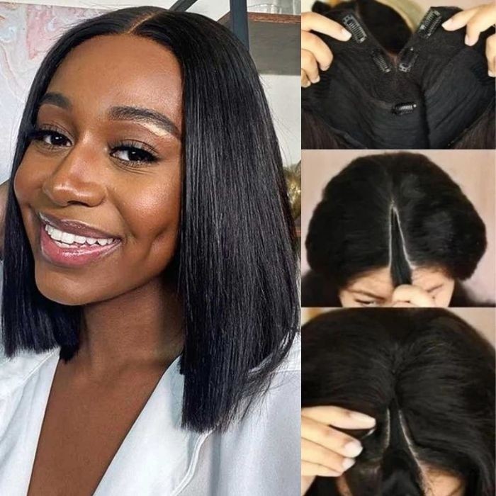 Kriyya Girly Bob Hairdo V-Part Virgin Hair Wig No Glue Easy To Wear Suitable For Beginners
