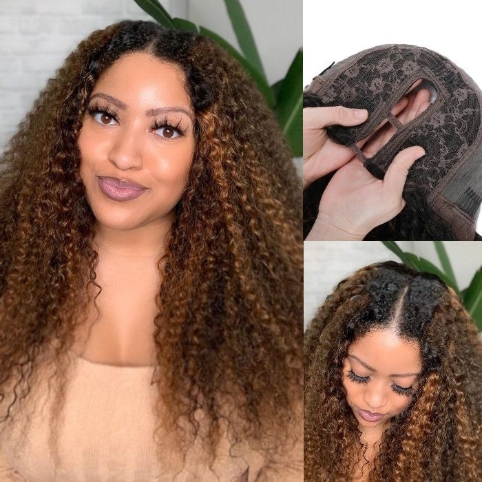 20 Inch U-Part Bouncy Curly Wig Beyoncé Inspired Highlight Upgrade Human Hair No Cut Needed