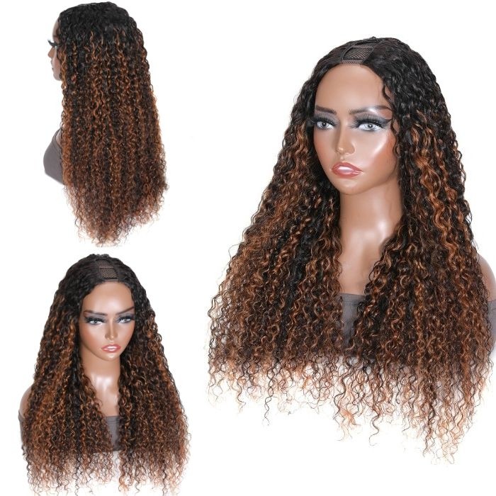 Kriyya U-Part Bouncy Curly Wig Beyoncé Inspired Highlight Upgrade Human Hair No Cut Needed
