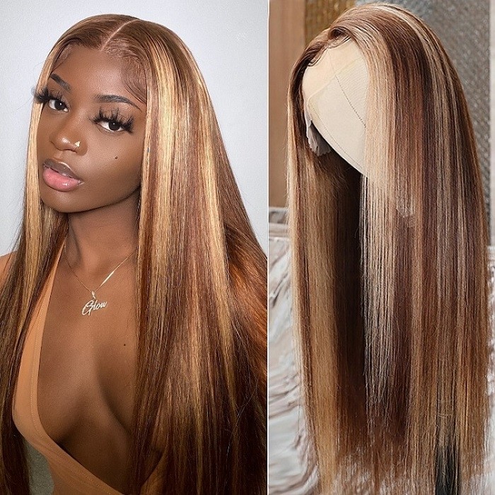 Kriyya 13x4 Straight Lace Front Wigs Honey Blonde Highlight Human Hair Wigs  With Streaks 150% Density 