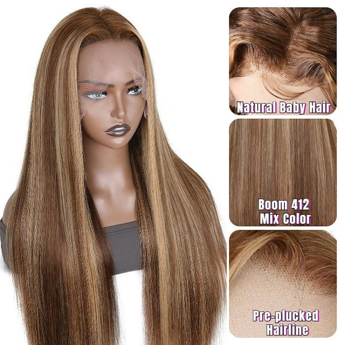 Kriyya 13x4 Straight Wigs Lace Front Wigs Honey Blonde Highlight Human Hair Wigs With Streaks 150% Density
