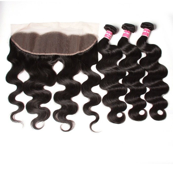 Kriyya Peruvian Unprocessed Human Hair Body Wave 3 Bundles With 13*4 Lace Frontal