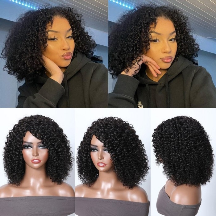 Kriyya Latin Passion Brazilian Virgin Human Hair Wig With Slanted Bangs Ebony Black Wig No Glue Needed
