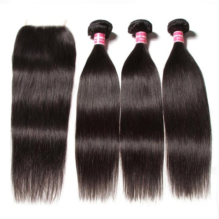 Kriyya Brazilian Virgin Hair 3pcs Straight Hair With 4*4 Transparent Lace Closure