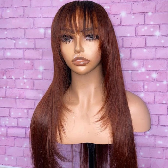 Kriyya 90's Layered Chocolate Brown Straight Wig With Bangs Glueless Human Hair Wig 150% Density 