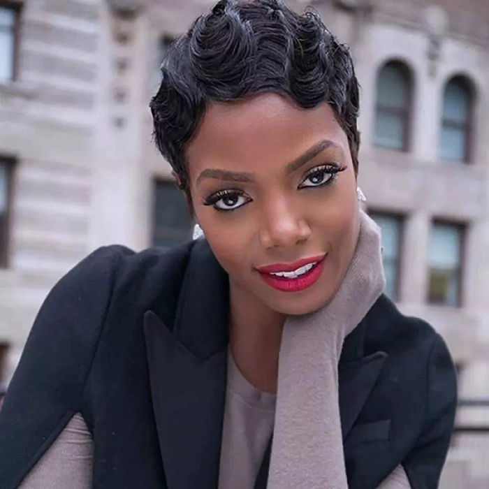 Kriyya Finger Waves Short Pixie Cut Wig Ocean Wave Human Hair Machine Made Wigs