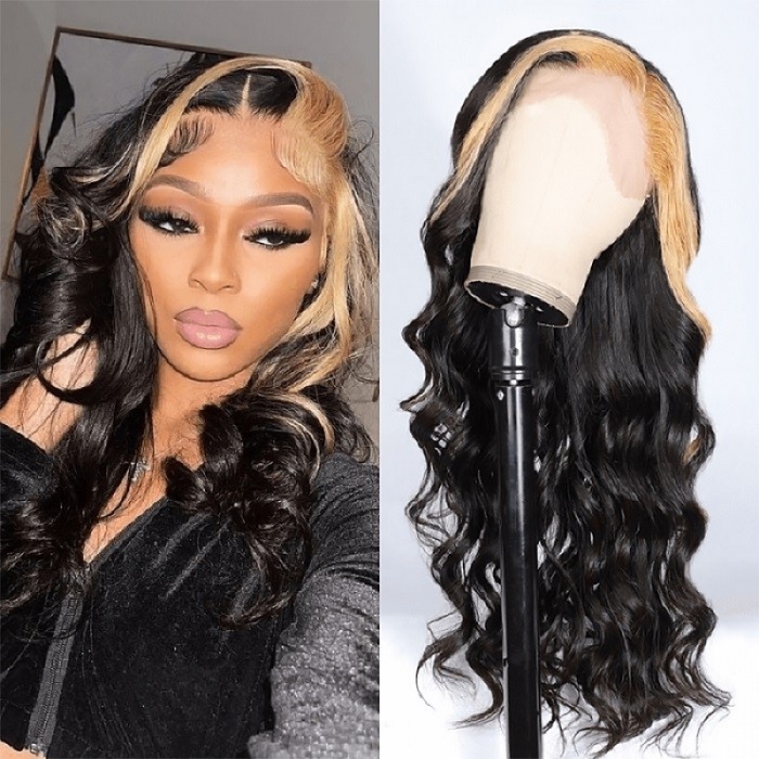 Kriyya Honey Blonde Skunk Stripe Highlight Loose Wave 13X4 Lace Front Wig 150% Density