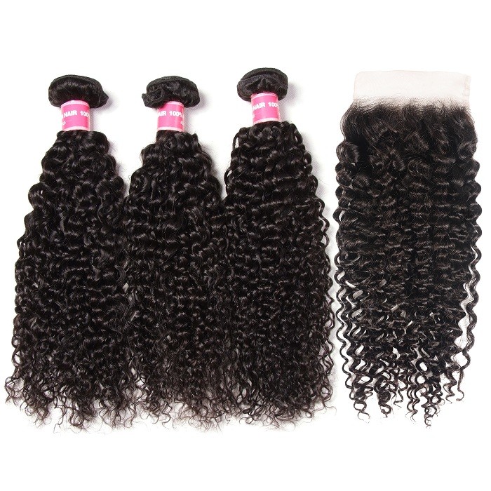 Kriyya Jerry Curly 3 Bundles With 5*5 Lace Closure Indian Virgin 100 Human Hair