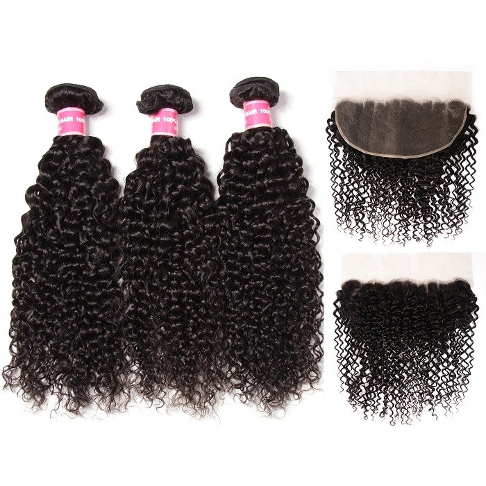 Kriyya Jerry Curly Unprocessed Human Hair 3 Bundles With Lace Frontal 13*6 Inch Brazilian Hair