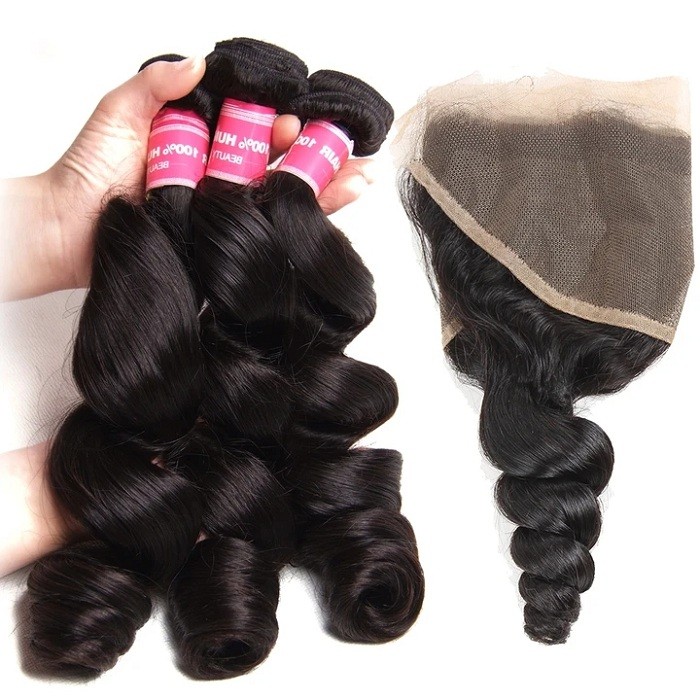 Kriyya 3 Bundles Loose Wave Unprocessed Human Hair With 13*4 Inch Lace Frontal