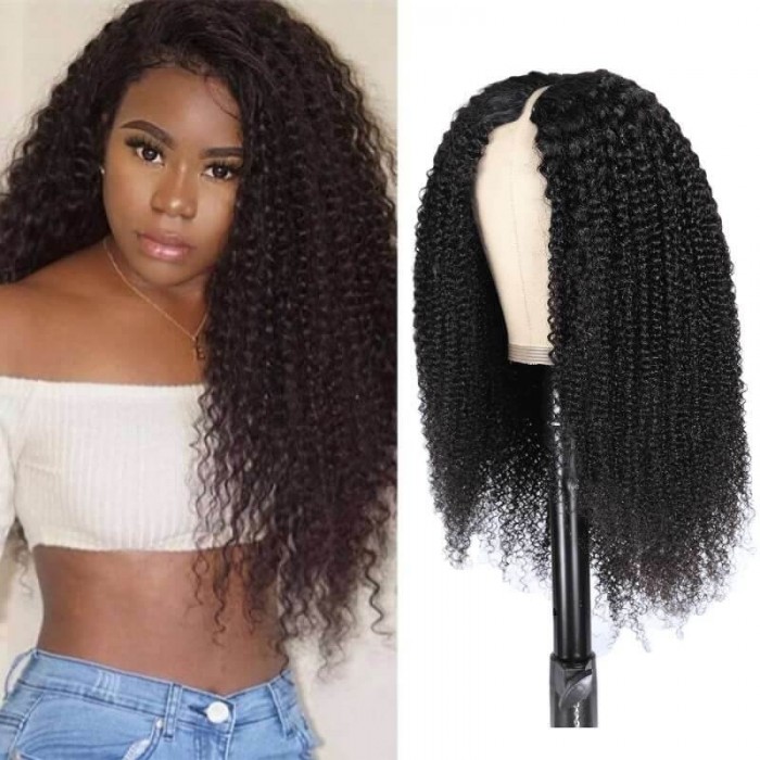 Kriyya New V Part Kinky Curly Wig No Leave Out Human Hair Wig Upgrade U Part Wig Natural Color