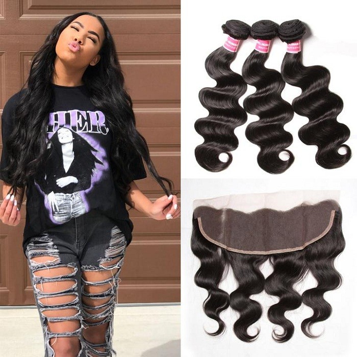 Kriyya 3 Pcs Body Wave Virgin Hair With 13*4 Lace Frontal Indian Hair