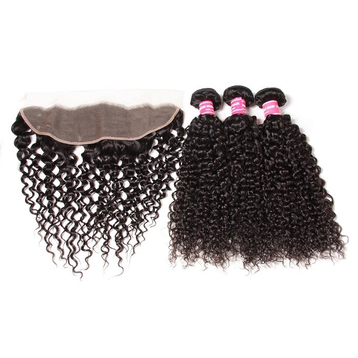 Kriyya 3 Bundles Jerry Curly Human Hair Weave With 13*4 Lace Frontal Indian Hair