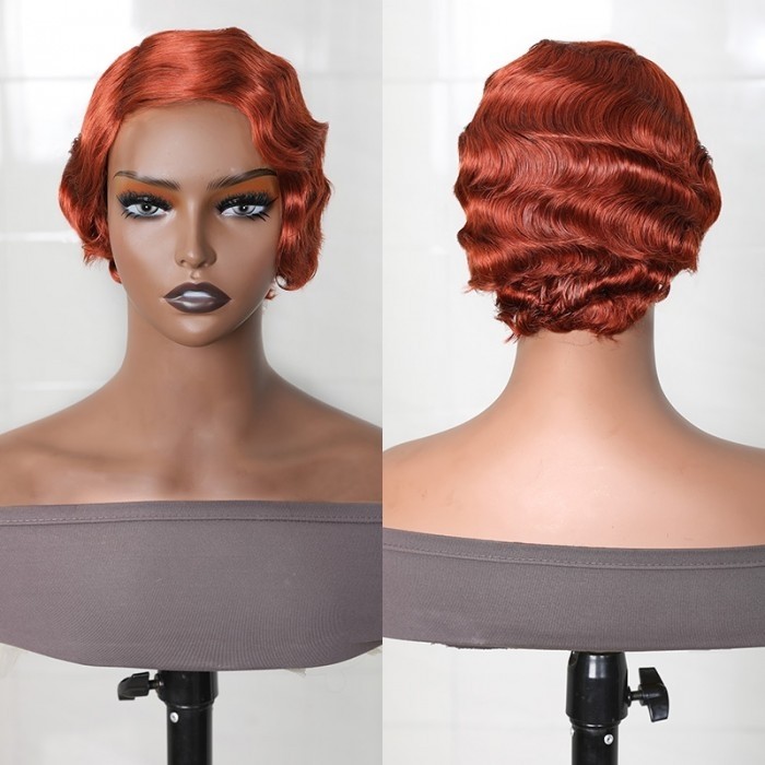 Kriyya Ginger Color Finger Wave Bob Wig Pixie Cut Classic Short Wig 150% Density