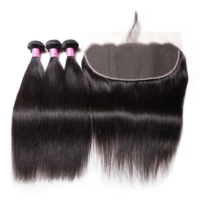 Kriyya Brazilian 100% Human Hair Straight 3 Bundles With Lace Frontal 13*6 Inch