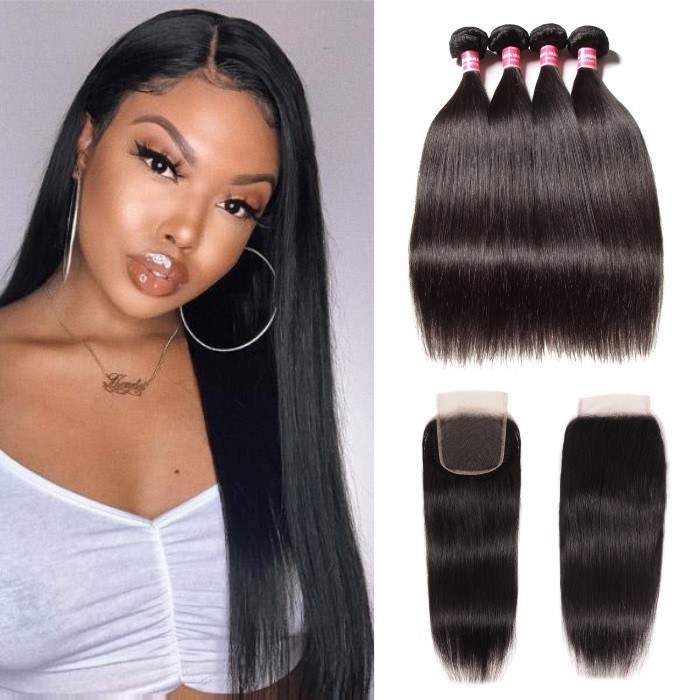 Kriyya 4 Pieces Straight Indian Hair Bundles With 4X4 Lace Closure
