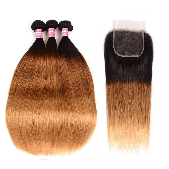 Kriyya Indian Hair T1B/4/27 Ombre 3 Pcs Straight Hair Bundle Deals With 4x4 Lace Closure