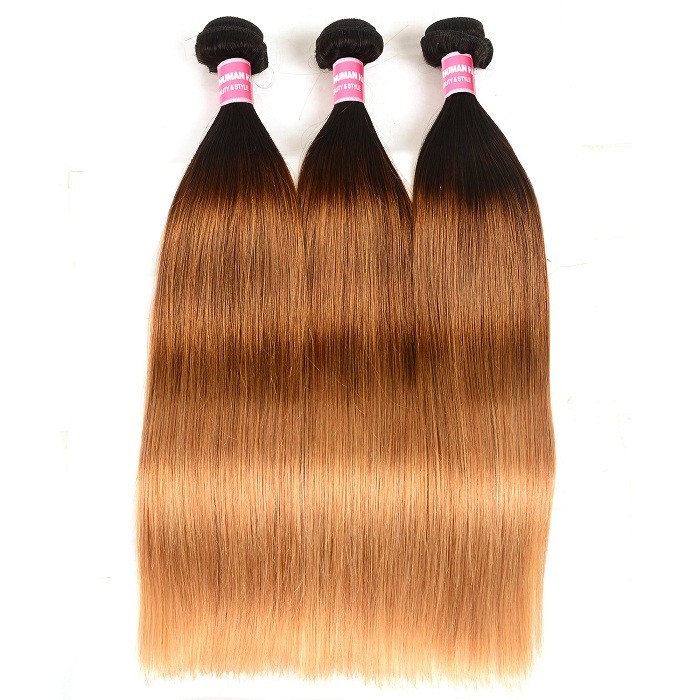 Kriyya Straight Hair 3 Pcs T1B/4/27 Ombre Brazilian Hair 100% Real Human Hair Weave