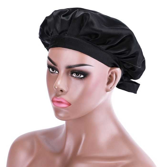 Satin Bonnet Adjustable Sleeping Cap - Black