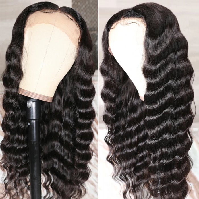 Kriyya Loose Deep Wave T Part 13X5 Lace Front Wigs Hand Tied Middle Part Preplucked Human Hair Wigs With Baby Hair