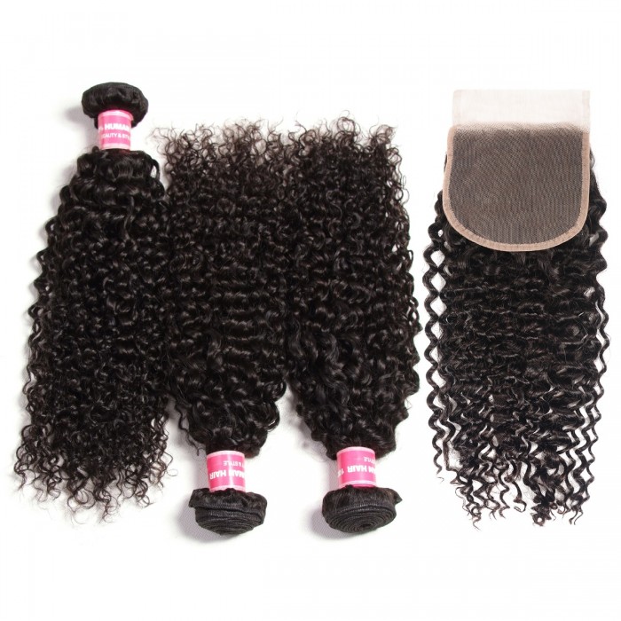 Kriyya Jerry Curly Virgin Hair 3 Bundles With 5*5 Lace Closure Brazilian Hair