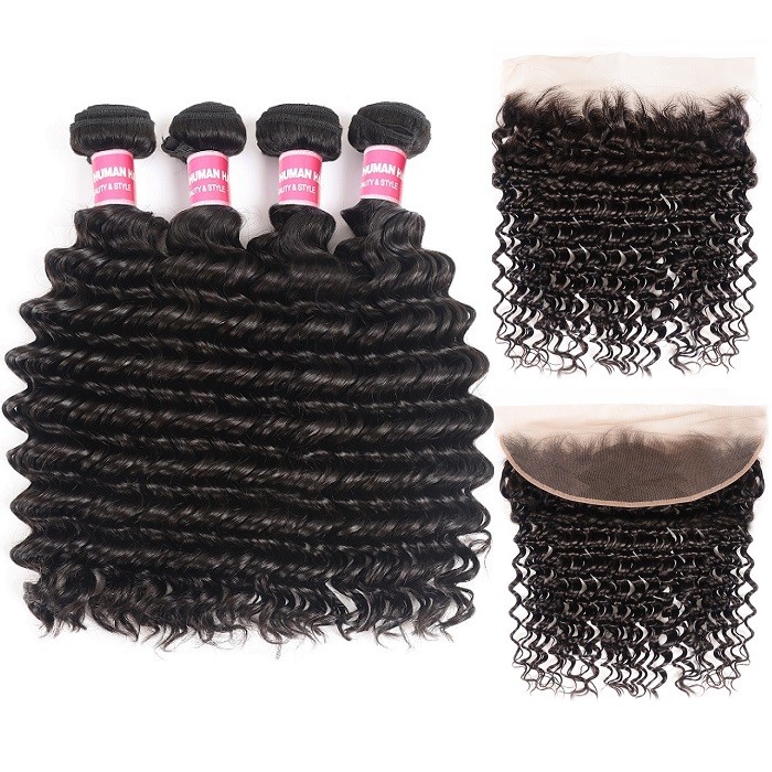 Kriyya Indian Deep Wave Sew In Hair 4 Bundles With 13x4 Lace Frontal Pre Plucked For Women