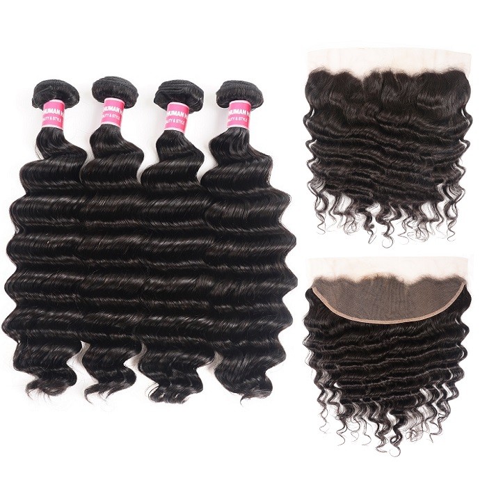 Kriyya Peruvian Loose Deep Wave 4 Bundles Quick Sew In Weave With Lace Closure 13x4 Inch