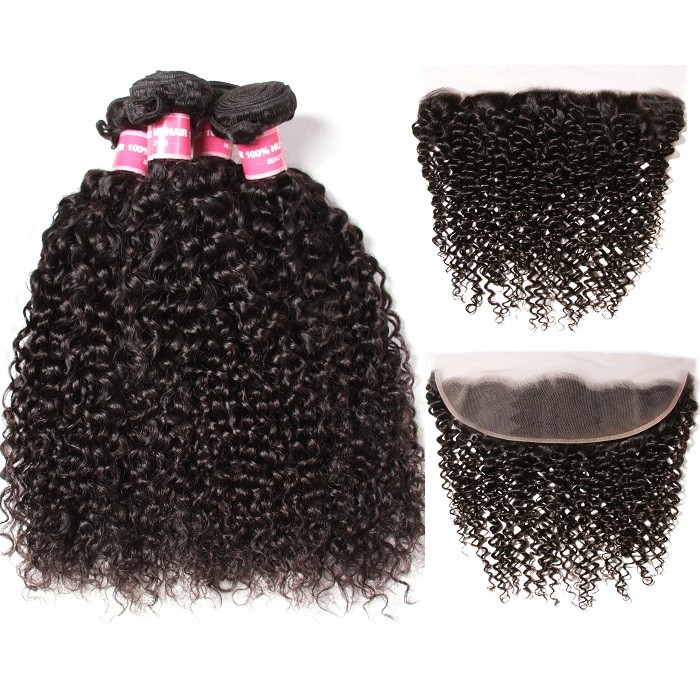 Kriyya Brazilian Curly Hair 4 Bundle Deals With 13x4 Transparent Lace Frontal Closure 
