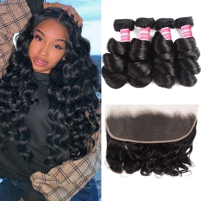Kriyya Indian Remy Hair Wet And Wavy Hair Loose Wave 4 Bundles With 13x4  Lace Frontal Closure 
