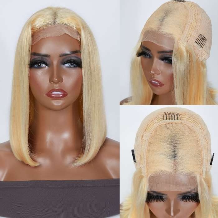 Kriyya 613 Blonde Straight Human Hair Wig 4x4 Bob Lace Front Wigs 150% Density