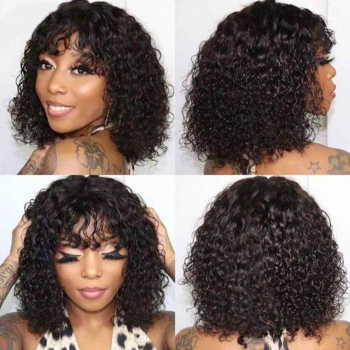 Kriyya Bob Style Human Hair Curly  Wig With Bangs Thick Elastic Curled 12 In Black Hair