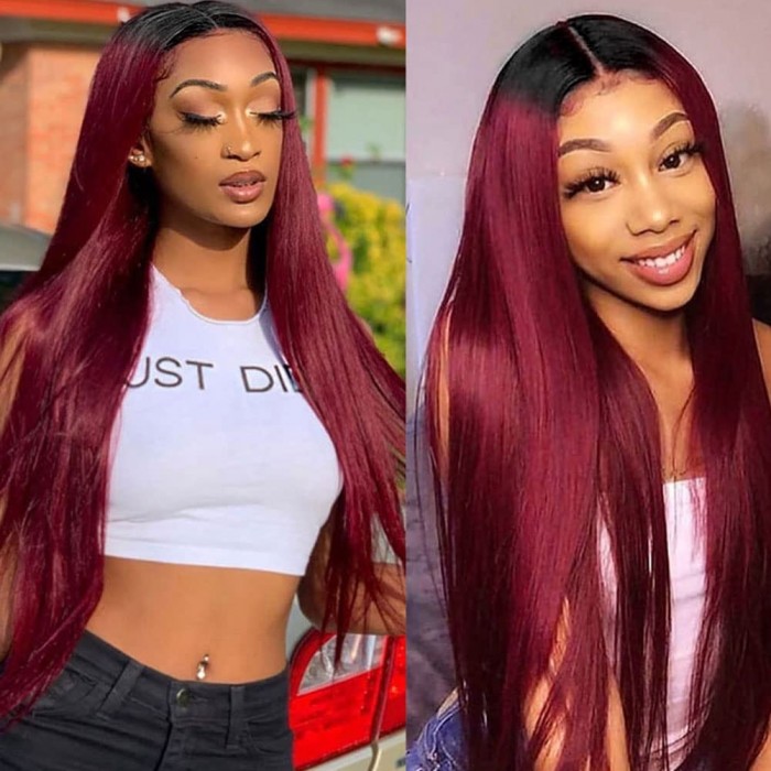 Kriyya Straight Human Hair Wig 1B99J Ombre Burgundy Upgrade U Part Wig Thinner U Part Wig