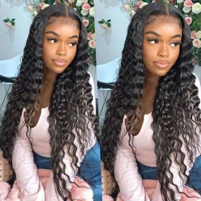 Kriyya Loose Deep Wave T Part 13X5 Lace Front Wigs Hand Tied Middle Part Preplucked Human Hair Wigs With Baby Hair