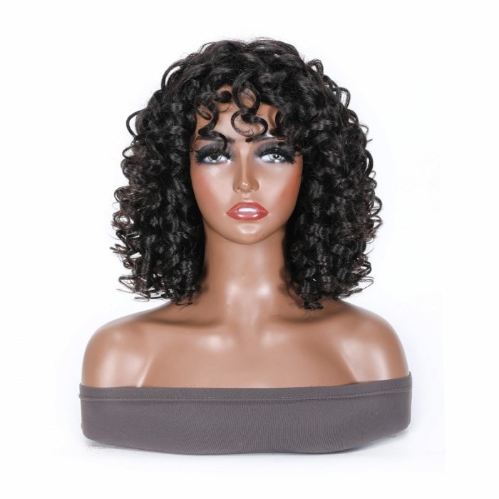 Kriyya Bob Style Human Hair Curly  Wig With Bangs Thick Elastic Curled 12 In Black Hair