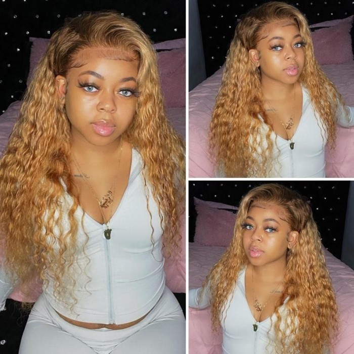 Kriyya Ombre Honey Blonde Deep Wave Human Hair Wig With Brown Root Pre Plucked Deep Wave 13x4 Lace Front Wig