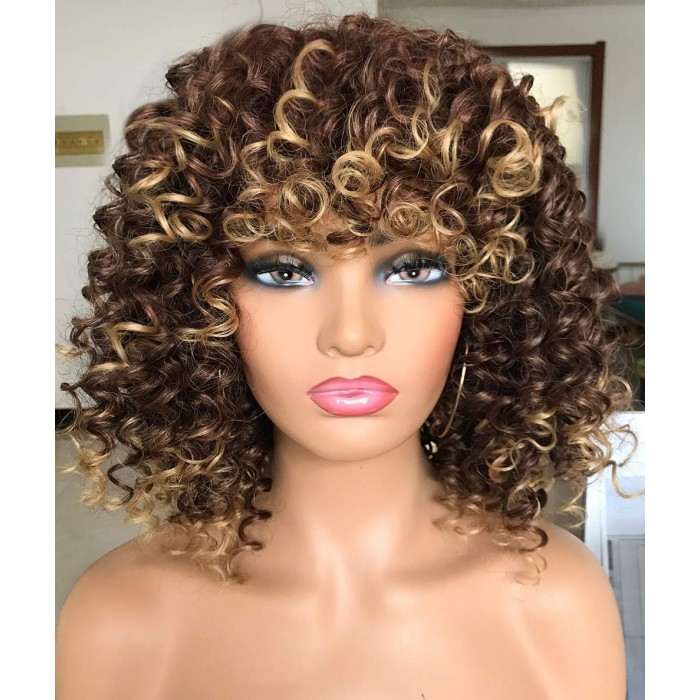 Kriyya Highlight Brown Deep Curly Wig Machine Made Human Hair Colored Wigs With Bangs