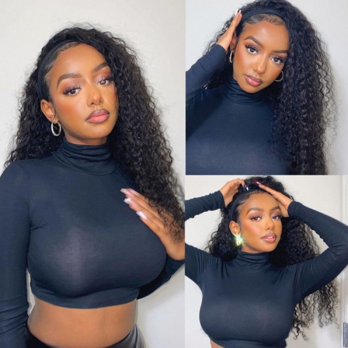 Kriyya Remy Jerry Curly Headband Wig Gluless Human Hair Wig