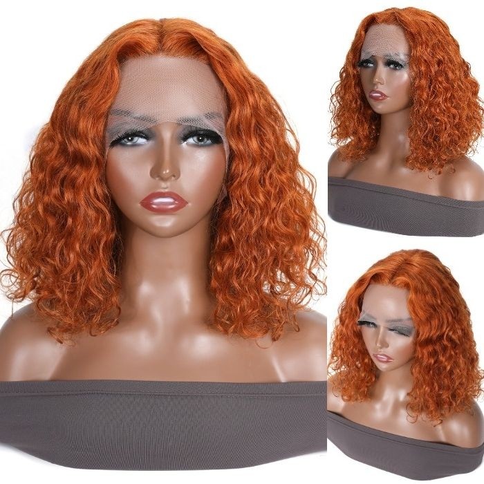 Kriyya Trendy Honey Orange Colored Water Wave Virgin Hair Wig 13x5 T-Part Middle Lace Pre-Plucked Hairline