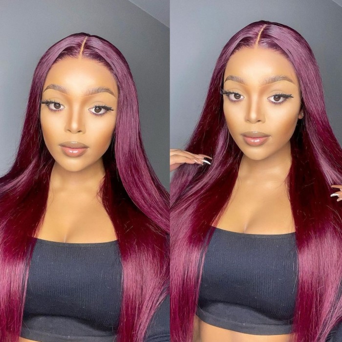 Kriyya Straight 13x4 Lace Front Human Hair Wig 99J Red Color 150% Density  Pre Plucked With Baby Hair 