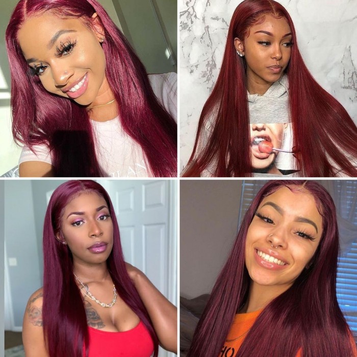 Kriyya 100% Virgin Human Hair 99J Dark Red Straight Lace Part Wigs 150% Density Middle Part Wig