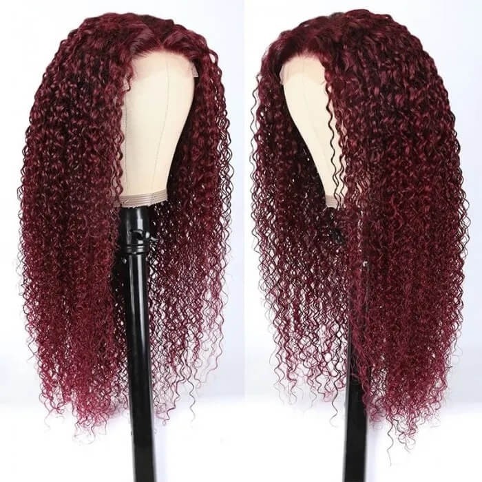 Kriyya 99J Burgundy Lace Part Wig Colored Curly Wigs 4x0.75 Human Hair Wig Pre-Plucked