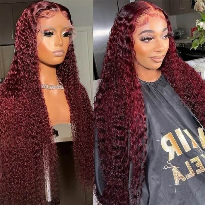 Lowest Price Get 99J Burgundy Curly Lace Part Wig