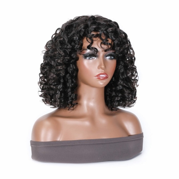 Kriyya Bob Style Human Hair Curly  Wig With Bangs Thick Elastic Curled 12 In Black Hair